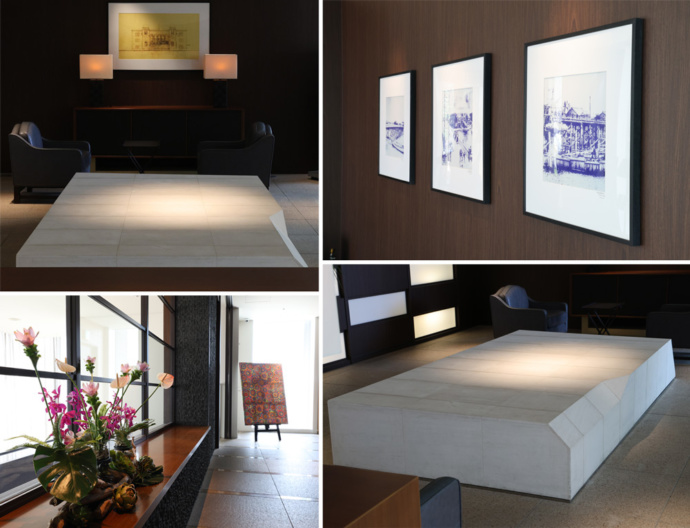 ホテルアークリッシュ豊橋の館内にある公会堂をイメージしたオブジェと絵画(左上)、明治・大正時代の豊橋の写真(右上)、画家・松井守男氏の作品(左下)、豊橋市公会堂をイメージしたオブジェ(右下)