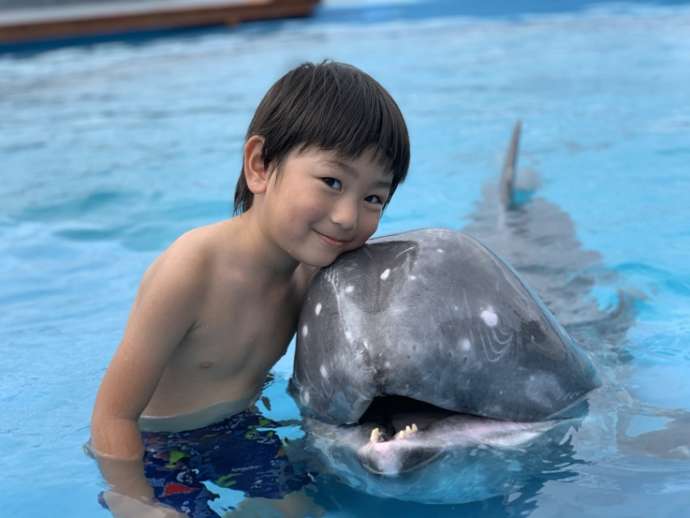ドルフィンリゾートのアクティビティでイルカと記念撮影をする男の子