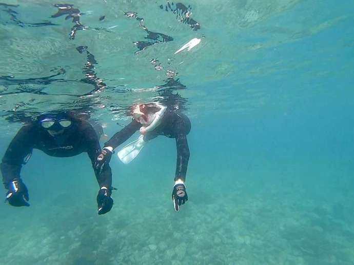 EBダイバーズのシュノーケリングで魚を探しているカップル