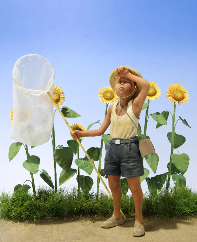 浜松ジオラマファクトリーに展示されている夏の少年を描いたジオラマ作品