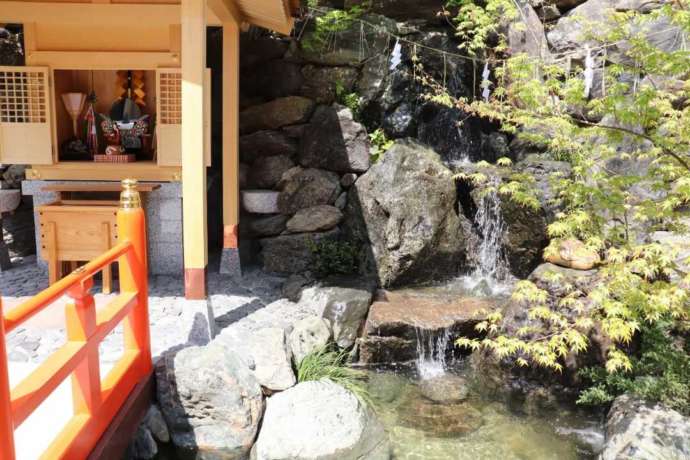 「蛇窪神社」の境内社・白蛇辨財天社の祠と白龍の滝滝壺にある龍神の玉（宝珠）