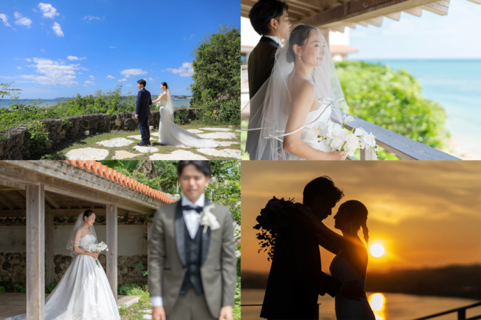 百名伽藍で挙式する新郎新婦が海を眺める様子(左上)、人前式の最後に朗読される「ニライカナイ」の詩を聞く新郎新婦(右上)、新郎新婦のファーストミートの様子(左下)、沖縄の夕景の海を背景に撮影した新郎新婦のシルエット写真(右下)