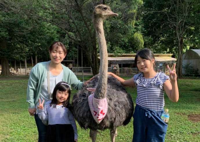 茨城県石岡市にある「ダチョウ王国」でのダチョウとの記念撮影の様子