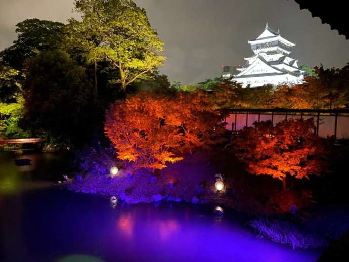 小倉城庭園のレーザーライトアップショーの様子
