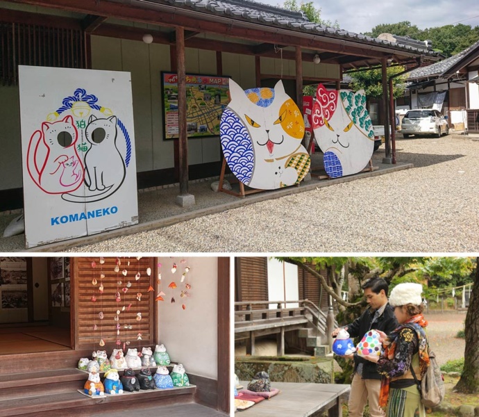金刀比羅神社の狛猫フォトスポット(上段)狛猫の置き物(左下)、狛猫の置き物を手に取る2人(右下)