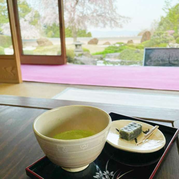 枝垂れ桜の咲く庭園が見える場所に置かれたお茶とお菓子