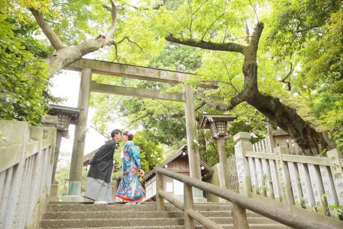 鳥居の下での和装撮影シーン