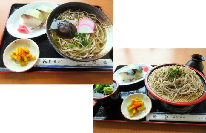 食事処「レストラン道の駅マキノ追坂峠」で供される「そばサバ寿司セット(温・冷)」