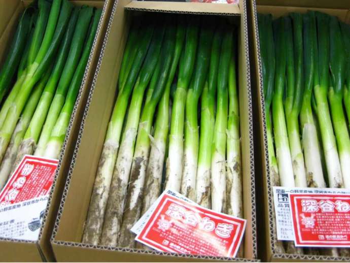 道の駅おかべで販売されている深谷ねぎ(ダンボール入り)
