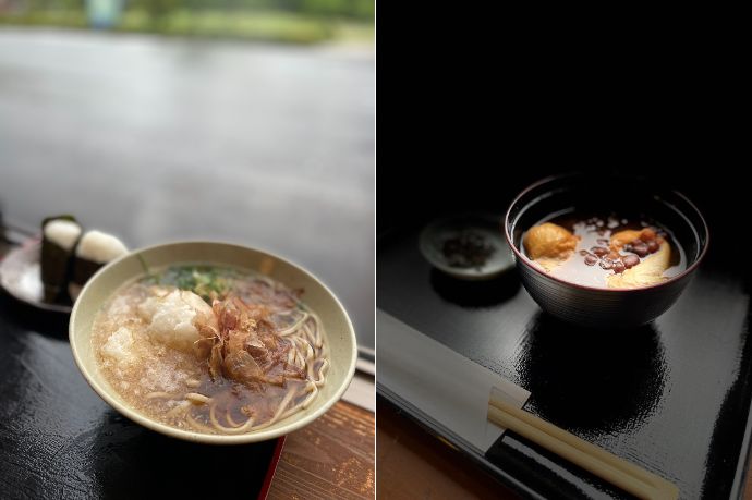 そば処よってっ亭の「温おろしそば」（左）と「栃餅ぜんざい」（右）