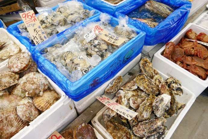 宮城県本吉郡南三陸町の「南三陸さんさん商店街」で売られている魚介類
