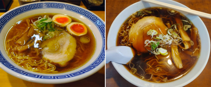 高山ラーメン(卵入り、左)、(卵なし、右)