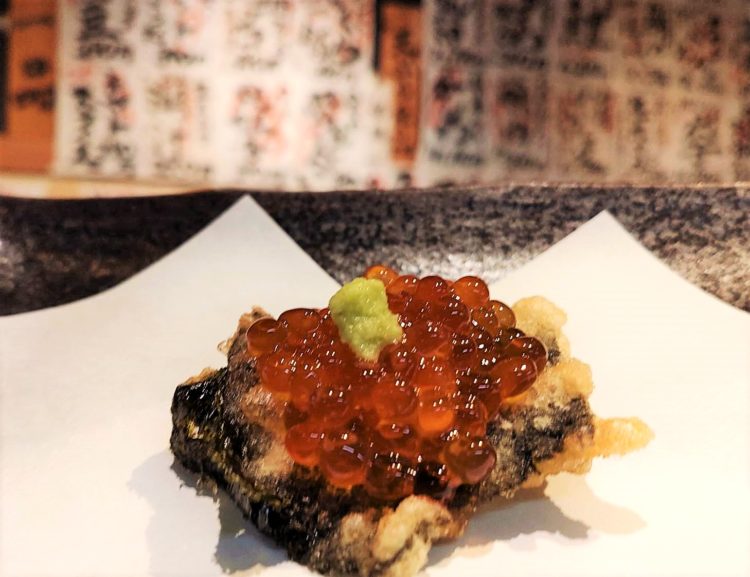 初デートディナーで食べたい天ぷらとワイン小島の海苔天イクラカナッペ