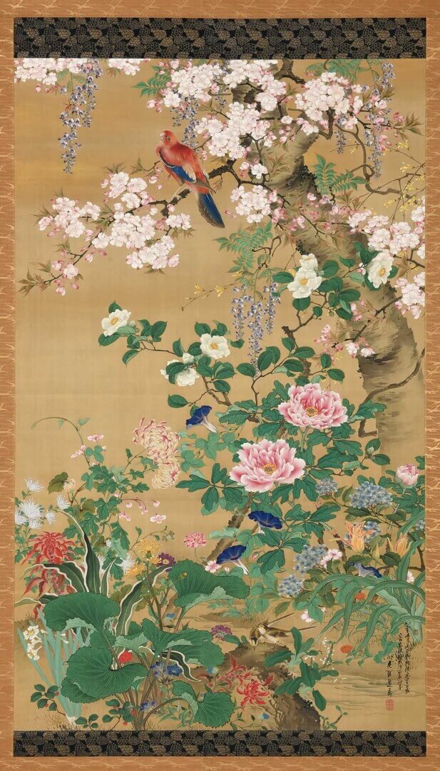 「手錢美術館」に収蔵・展示される江戸末期の花鳥画「百花群鳥図(堀江友聲)」
