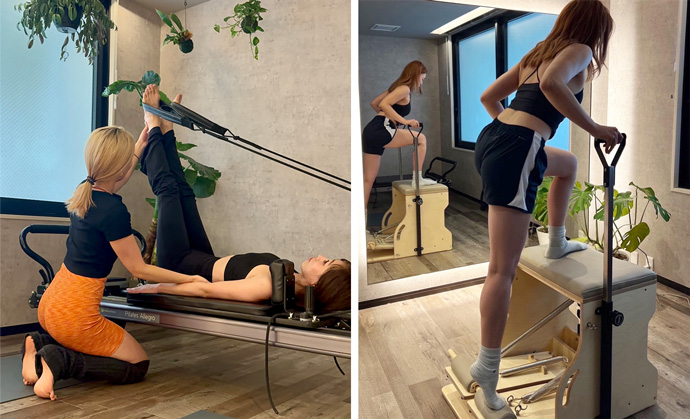 「YOGA STADIO STRI」でのパーソナルレッスンの様子(左)、マシンを使用したレッスンの様子(右)